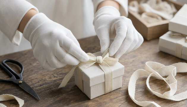 Person wearing white gloves tying a beige ribbon on a white gift box with wrapping present ribbon bow craft table wooden surface present boxes handmade gift package tying scissors