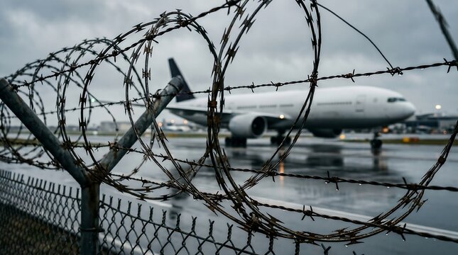 Razor wire fence with large commercial passenger airplane on a wet tarmac under an overcast sky creating a somber travel mood.