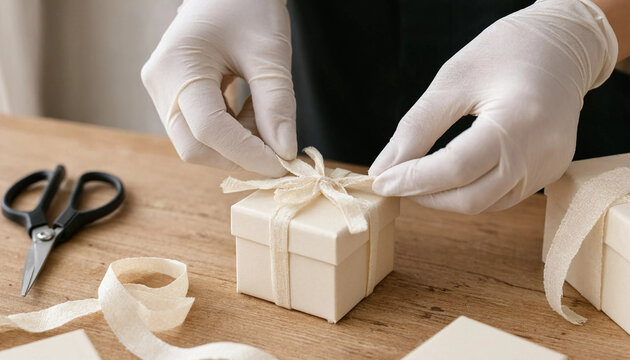 Person wearing white gloves making a decorative bow on a white gift box with wrapping present ribbon bow craft table wooden surface present boxes handmade gift package tying scissors
