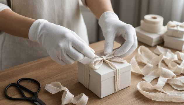 Person wearing white gloves tying ribbon on a small white gift box with wrapping present ribbon bow craft table wooden surface present boxes handmade gift package tying scissors