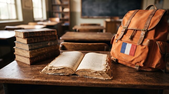 Vintage Classroom Study Scene with Old Open Book, Stacked Antique Textbooks, Orange Backpack with French Flag Patch, Wooden Desks, and Chalkboard in Warm Sunlight