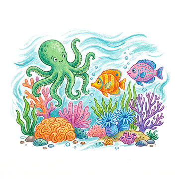 This colorful 2D crayon wax illustration features a friendly green octopus and tropical fish swimming among vibrant coral reefs, isolated on a white background for easy design integration.