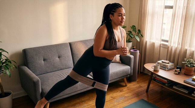 Young Female Beginner Doing Resistance Exercise Indoors