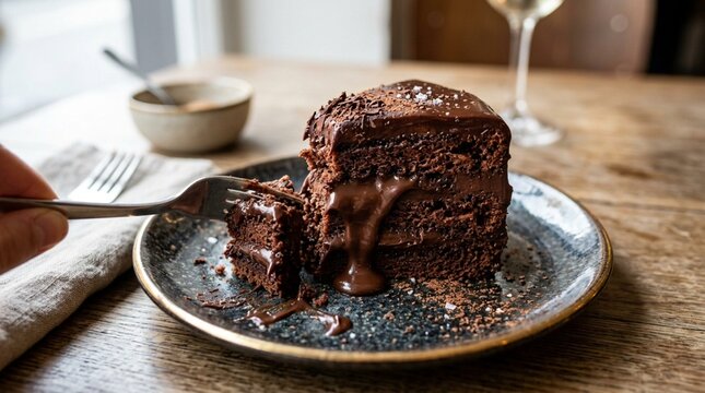 Decadent Chocolate Cake Slice with Melting Ganache, Fork Taking Bite