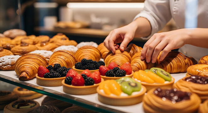 Hands arranging fresh croissants and assorted pastries with berries and sliced fruit in a bakery display representing fresh baking, artisan pastries, food preparation, bakery products, and gourmet bre