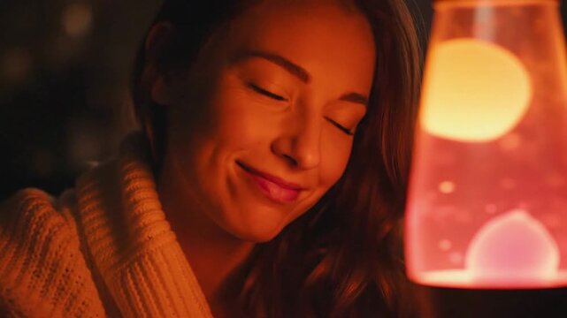 Young attractive woman wearing cozy white sweater looking at glowing red lava lamp with smile in dark room, feeling relaxed, peaceful, cozy, mesmerized by hypnotic warm light at night
