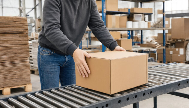 Warehouse worker sorting cardboard boxes on a roller conveyor belt in a distribution center with cardboard box shipping package logistics industry fulfillment center handling cargo