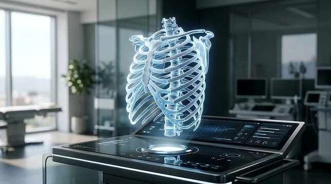 Futuristic 3D holographic projection of a human rib cage and skeletal system displayed on a digital interface in a modern medical laboratory for advanced anatomical research and diagnostics.