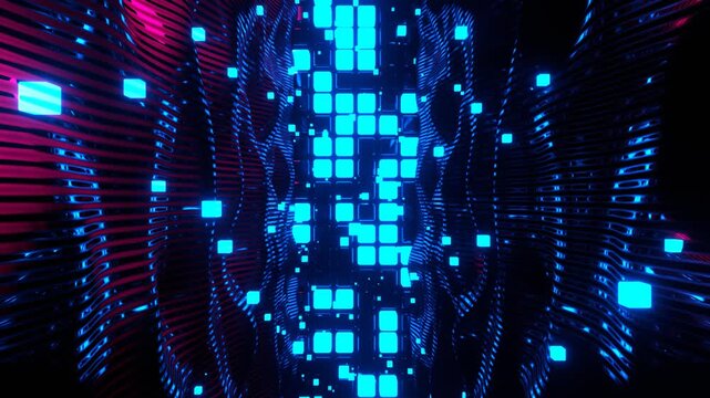 Blue Neon Wave Structure with Glowing Square Pixels Background VJ Loop in 4K