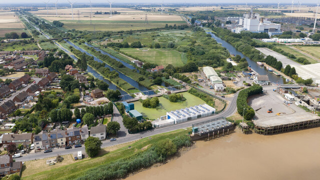 Aerial view of Keadby Pumping Station flood defense