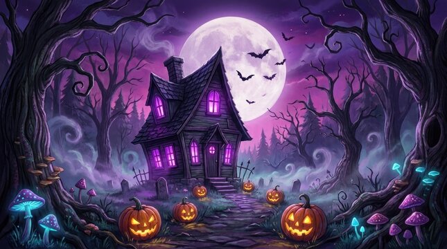 Spooky haunted house with glowing pumpkins and a full moon in a magical forest for halloween celebration