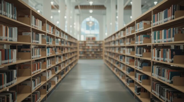 University library aisle with bookshelves, reading area, and soft daylight creating quiet academic study environment with spacious corridor and gentle architectural symmetry