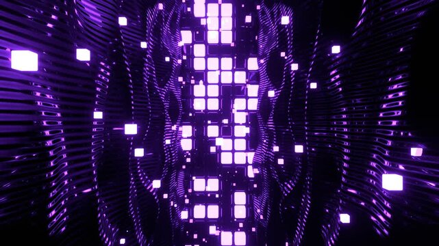 Purple Neon Wave Structure with Glowing Square Pixels Background VJ Loop in 4K
