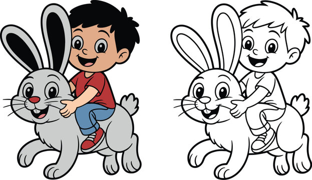 Rabbit illustration coloring page design with color example
