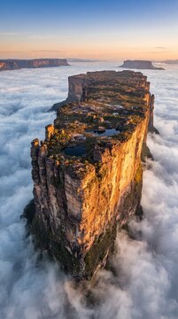 Aerial view of Mount Roraima rising above a sea of clouds at sunrise, with golden cliffs, weathered sandstone formations, natural pools and a pristine tropical landscape.