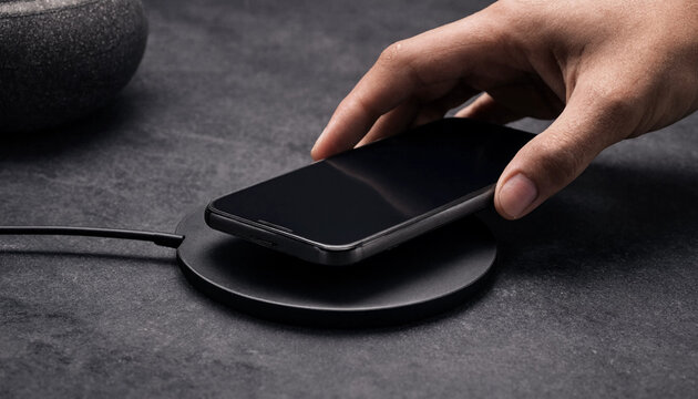 Person placing a black smartphone onto a wireless charging pad on a dark textured surface with mobile phone qi charger battery power tech accessory modern technology charging device