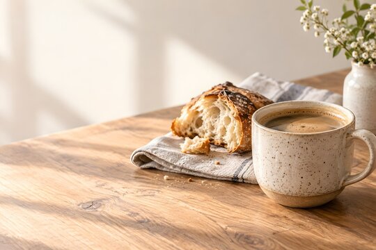 Kaffee in einer Keramiktasse mit rustikalem Sauerteigbrot im Morgenlicht