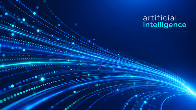Glowing blue particle trails and light streams curve across a dark background with artificial intelligence text. Abstract tech graphics represent fast fiber optics. Vector banner.