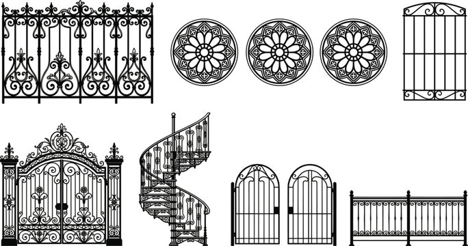 Ornate wrought iron architectural element set featuring decorative gate fence spiral staircase rosette window and railing vector