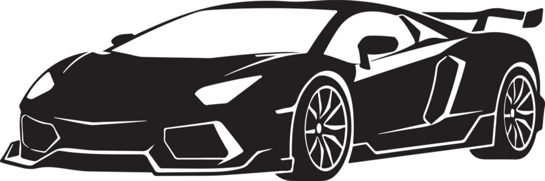 A black silhouette of a sports car with a rear spoiler is presented on a white background automotive automobile
