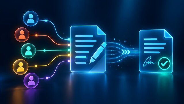 Glowing digital document processing concept with multiple user nodes combining into final signed approval