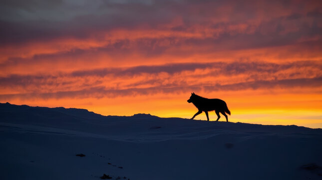 Silhouette wolf crossing snow covered hill beneath vivid sunset cloud
