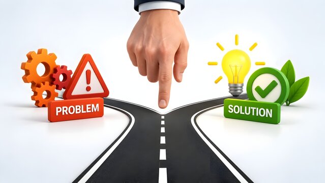 Hand pointing at road bifurcation choosing between problem path and successful solution strategy direction