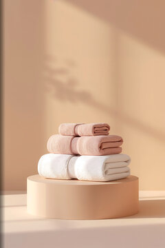 Stack of soft folded cotton towels in white and dusty pink colors resting on a cylindrical beige pedestal against a matching wall background