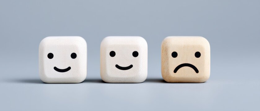 Three minimalist cube icons depicting emotional expressions of joy and sorrow in a simple design