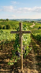 Obraz premium Wooden cross in a lush green vineyard under a blue sky.