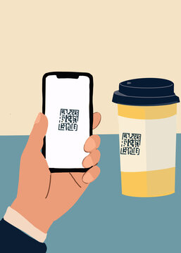 Smartphone scans QR code on takeaway coffee cup