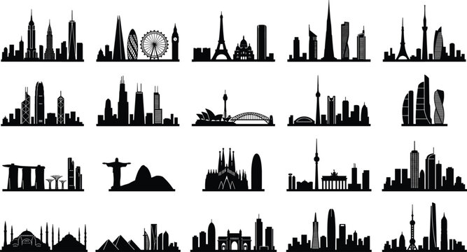 World landmark city skylines set featuring new york london paris dubai sydney rio and shanghai vector icons