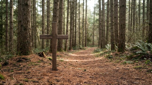 Wooden cross marking a path in a dense forest.