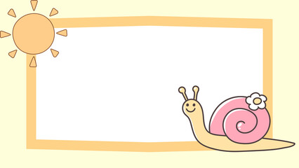 Cute cartoon snail frame, whimsical sun border for kids, pastel yellow background with blank copy space for nursery and school messages © Senandung