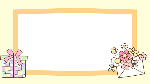 Pastel floral frame with gift box and envelope, cute hand drawn border for greeting cards, soft yellow background with copy space