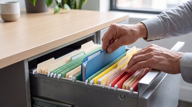 Office Management Strategies &ndash; Hands expertly organize color-coded folders within a sleek metal drawer