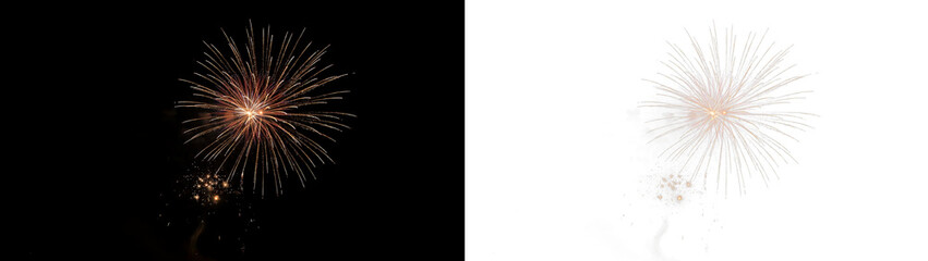 Obraz premium Stunning golden firework display exploding in the night sky, capturing the vibrant sparks and trails of a festive celebration or new years eve event isolated on transparent background