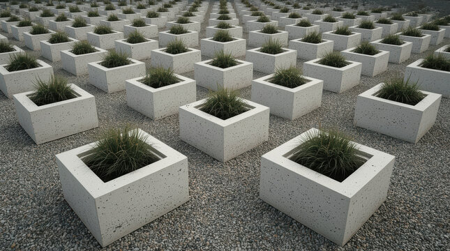 Symmetrical arrangement concrete planter square gravel garden repeated pattern greenery