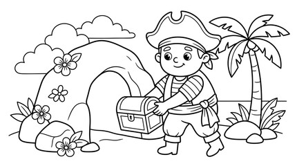 Fototapeta premium Cartoon pirate boy holding treasure chest near palm tree