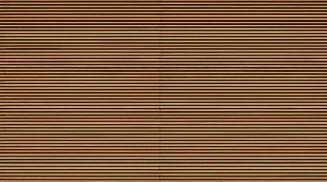 Wooden wall slat symmetrical composition layered surface horizontal line brown texture architectural background with warm wood grain and repeating geometric detail, creating calm professional