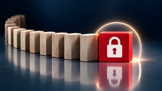 Red security padlock block with glowing protective shield stopping row of falling wooden dominoes
