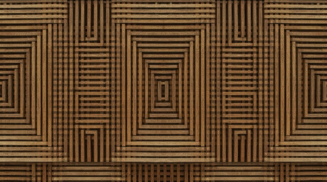 Symmetrical wooden wall slat pattern with layered geometric lines, warm brown texture, and modern architectural rhythm for interior design