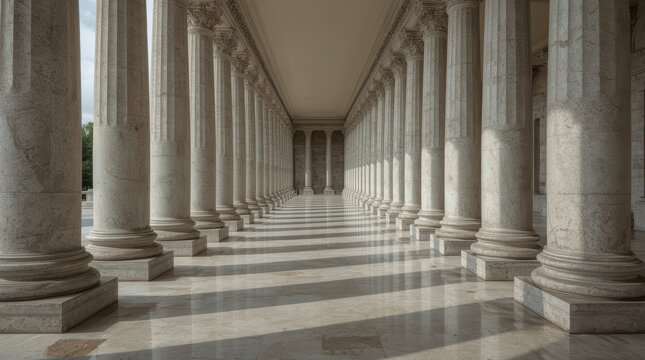 Symmetrical rows of polished stone columns extending through grand classical colonnade with dramatic light and shadow, creating elegant architectural perspective