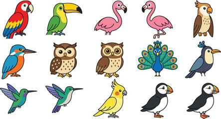 Fototapeta premium Colorful Exotic Bird Collection with Parrot, Toucan, Flamingo, Owl, Peacock, Hummingbird, Cockatoo and Puffin Cartoon Illustrations