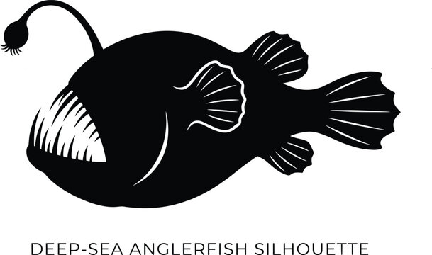 Black and white silhouette of a deep sea anglerfish with glowing lure and sharp teeth