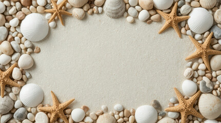 Obraz premium Top view of seashells starfish smooth pebble border around sandy background for coastal summer design with natural texture and peaceful seaside feeling