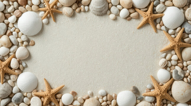 Top view of seashells starfish smooth pebble border around sandy background for coastal summer design with natural texture and peaceful seaside feeling