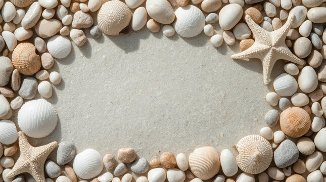 Top view seashell starfish pebble frame surrounding sandy background creates calm coastal space