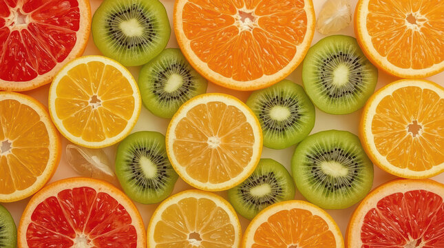 Top view sliced kiwi orange lemon and grapefruit, colorful citrus fruit pattern with fresh texture and vibrant natural detail for food background design