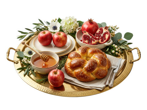 Traditional round challah bread with fresh apples and honey for jewish holiday